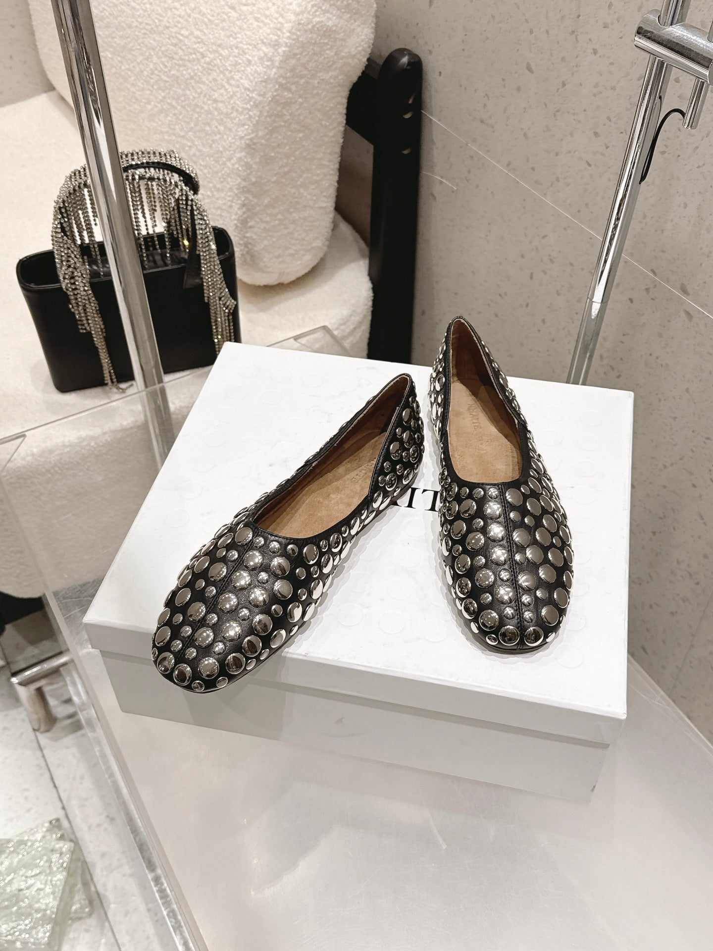 Celine 26s Flat Shoes In Toffee Brown Suede With Metal Studs