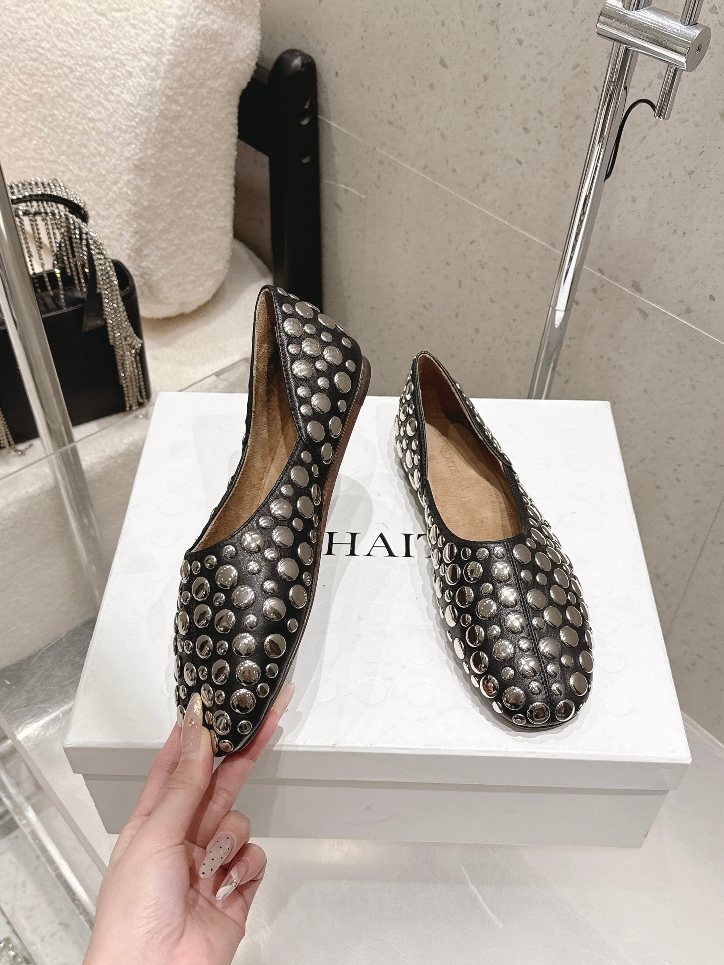 Celine 26s Flat Shoes In Toffee Brown Suede With Metal Studs
