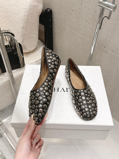 Celine 26s Flat Shoes In Toffee Brown Suede With Metal Studs