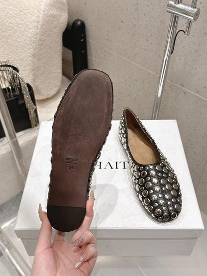 Celine 26s Flat Shoes In Toffee Brown Suede With Metal Studs