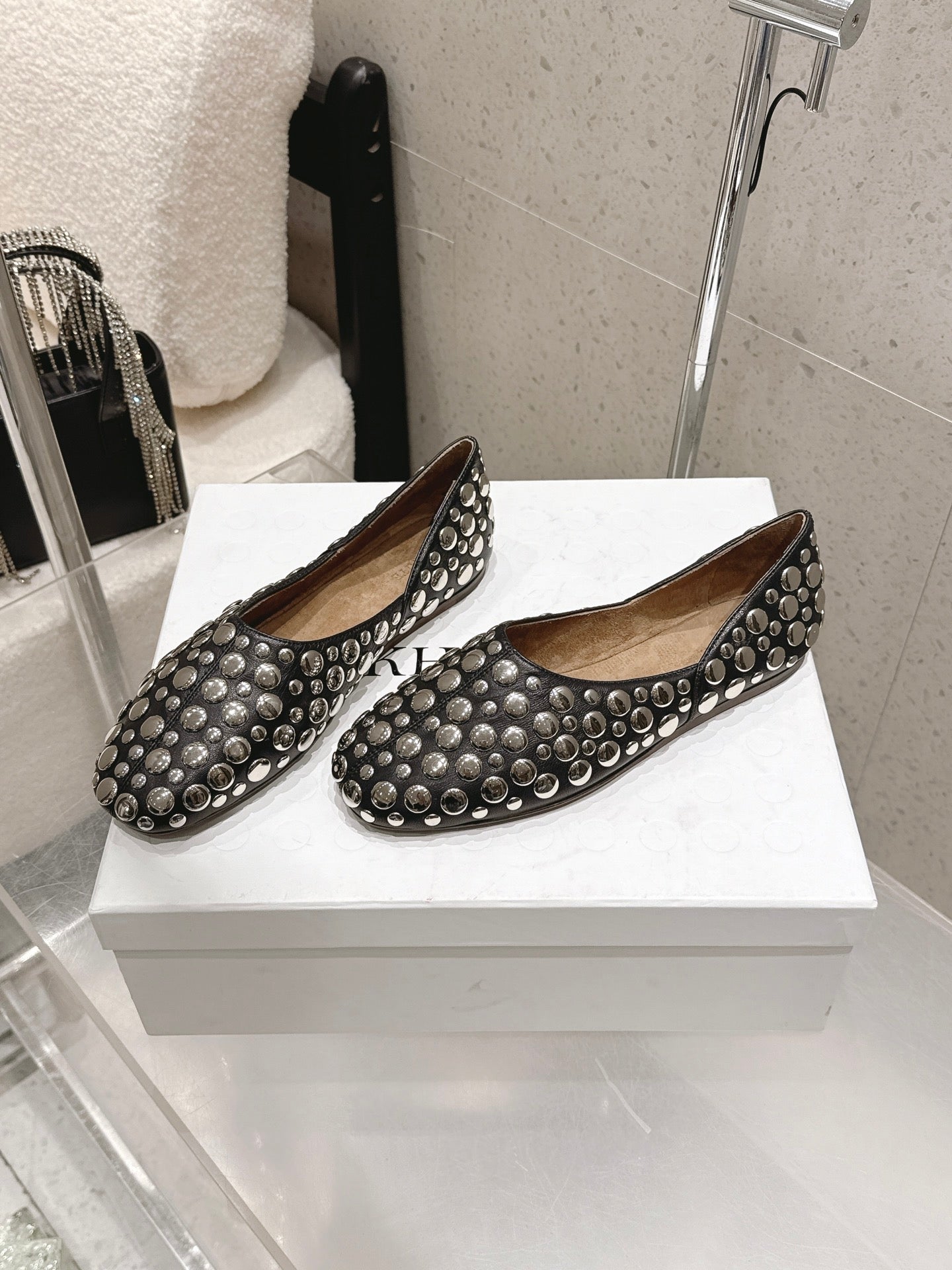 Celine 26s Flat Shoes In Toffee Brown Suede With Metal Studs