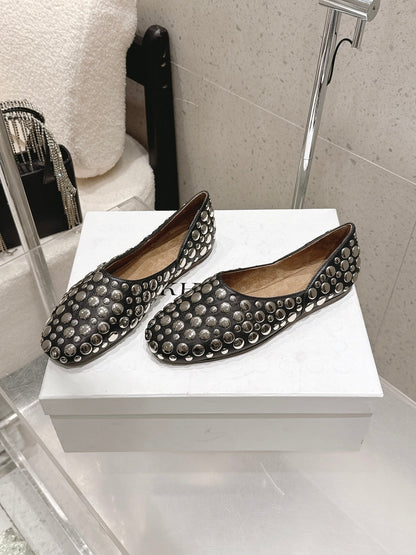 Celine 26s Flat Shoes In Toffee Brown Suede With Metal Studs
