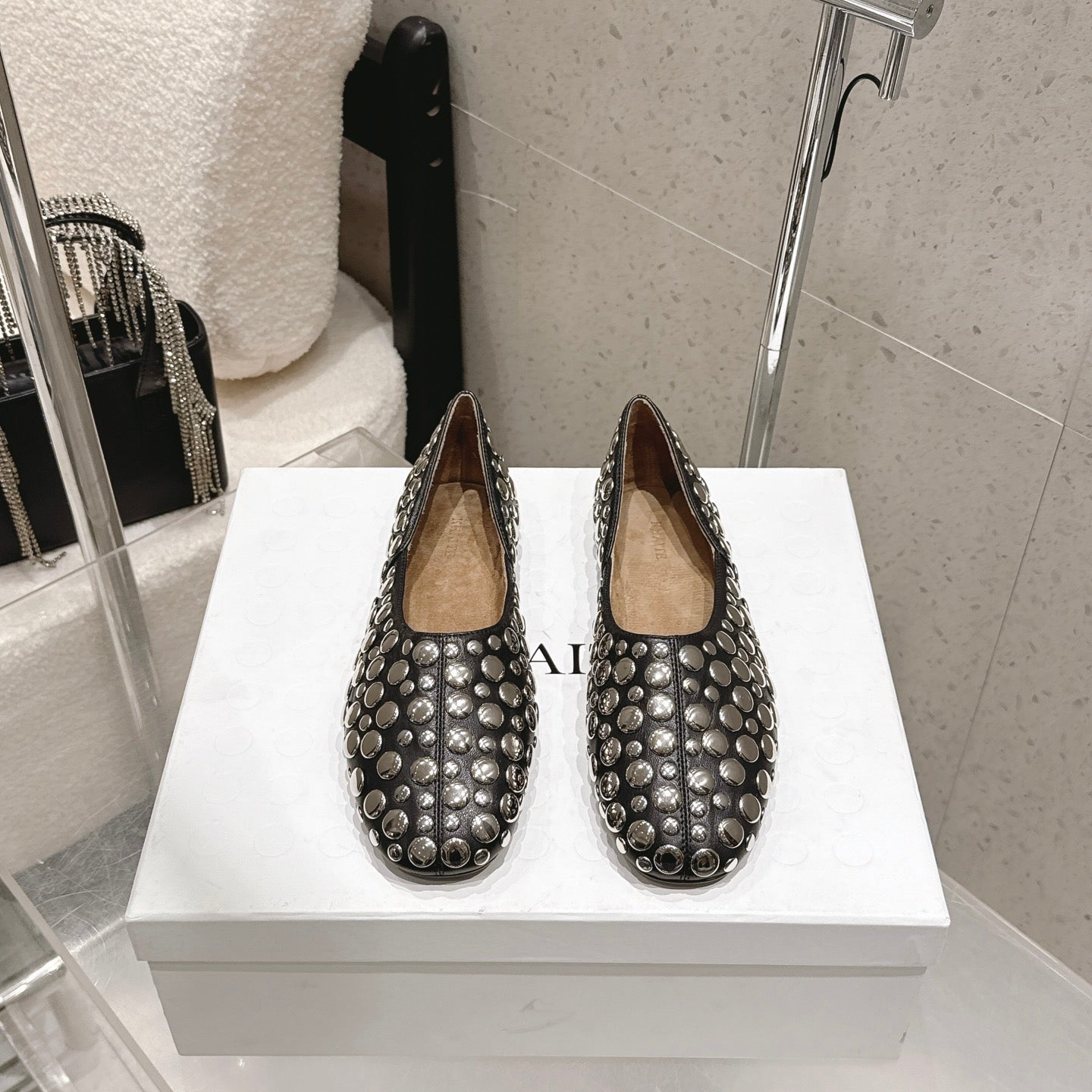 Celine 26s Flat Shoes In Toffee Brown Suede With Metal Studs