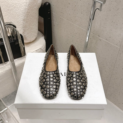 Celine 26s Flat Shoes In Toffee Brown Suede With Metal Studs