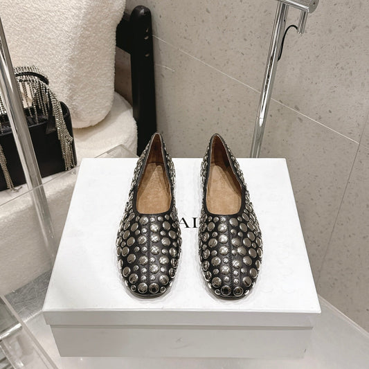 Celine 26s Flat Shoes In Toffee Brown Suede With Metal Studs