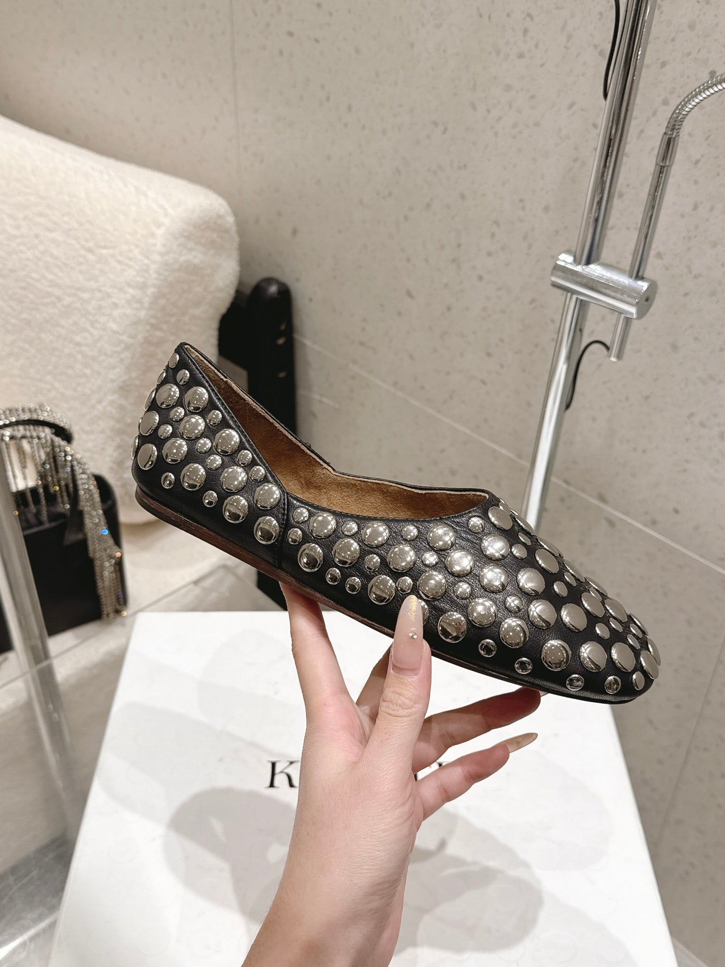 Celine 26s Flat Shoes In Toffee Brown Suede With Metal Studs