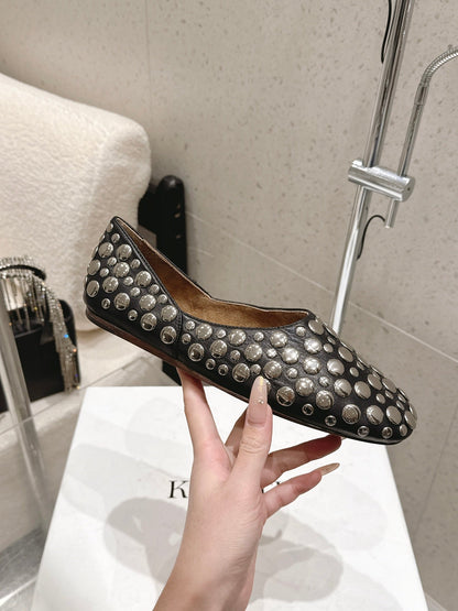 Celine 26s Flat Shoes In Toffee Brown Suede With Metal Studs