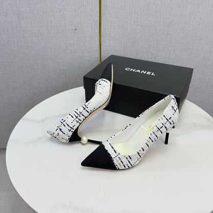 Chanel 2026 Pumps 85mm Tweed Pearl White Black 801952