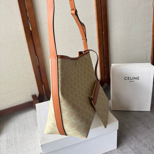 Celine Soft Shopper Bag in Triomphe Brown White Canvas and Calfskin