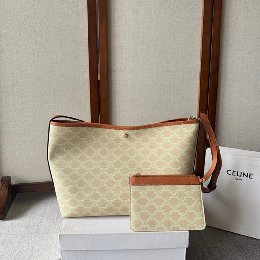Celine Soft Shopper Bag in Triomphe Brown White Canvas and Calfskin
