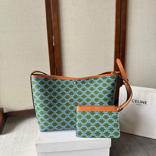 Celine Soft Shopper Bag in Triomphe Brown Green Blue Canvas and Calfskin