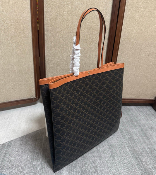 Celine Large Flat Shopper Black Brown Triomphe Canvas Calfskin