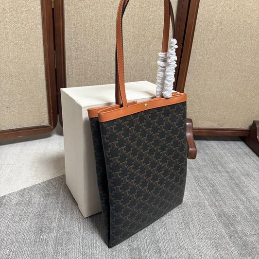 Celine Medium Flat Shopper Black Brown Triomphe Canvas Calfskin