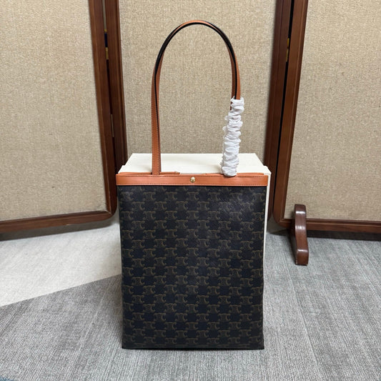 Celine Medium Flat Shopper Black Brown Triomphe Canvas Calfskin