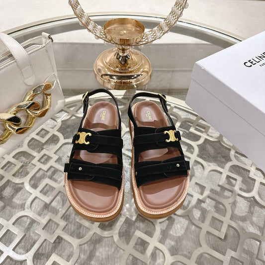 Celine Tippi Triomphe Sandals Black Suede 736601