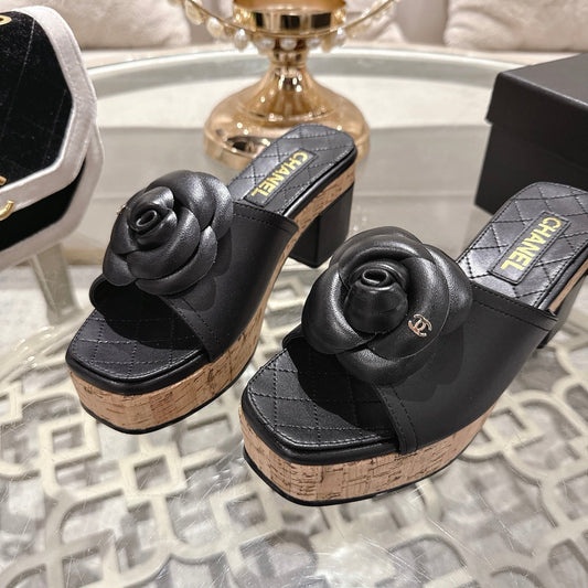 CC 26s Camellia Platform Slippers 65 Black Lambskin 627048