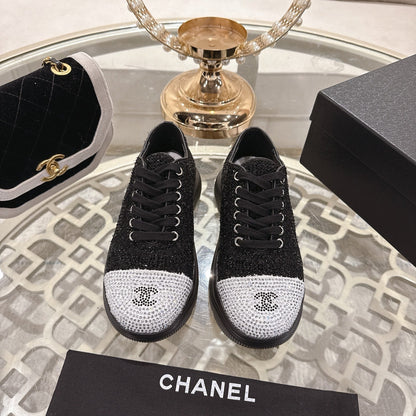 CC 26s Platform Sneakers Black Gray Rhinestone Sheepskin 627059