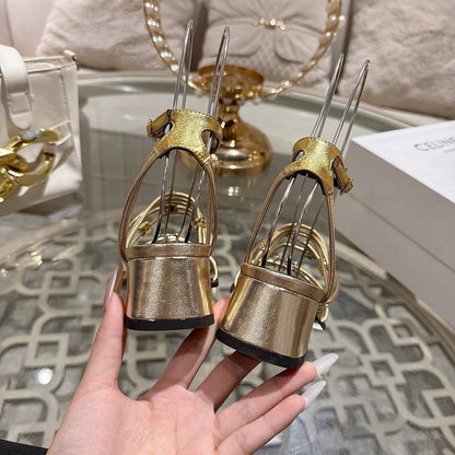 Celine Clémence Heeled Sandal 4cm Gold Sheepskin 941491