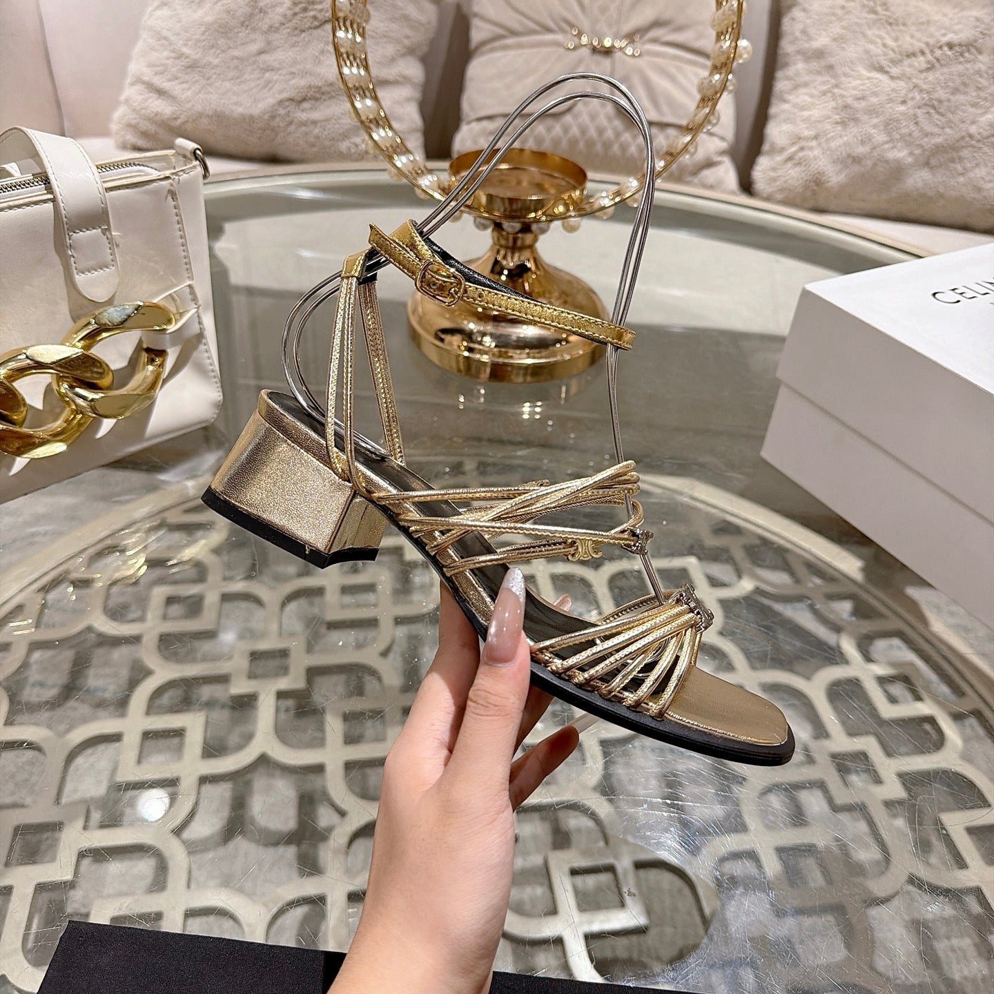 Celine Clémence Heeled Sandal 4cm Gold Sheepskin 941491