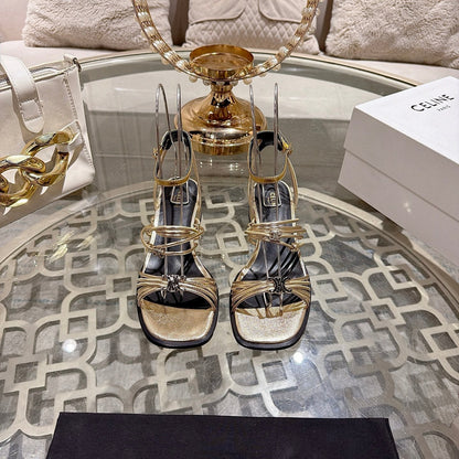 Celine Clémence Heeled Sandal 4cm Gold Sheepskin 941491