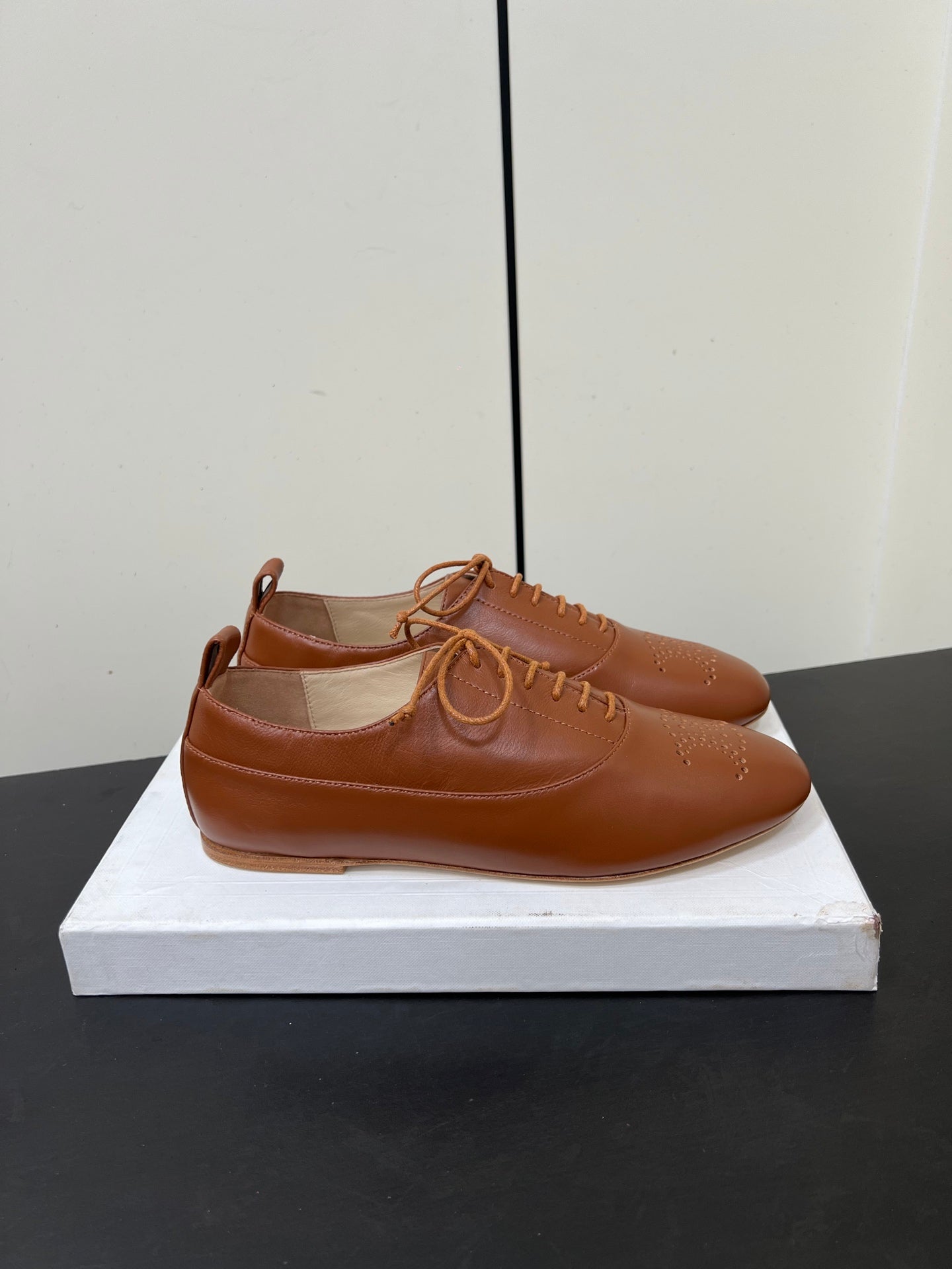Celine 25 Lise Perforated Triomphe Richelieu Shoe Brown Lambskin 619646
