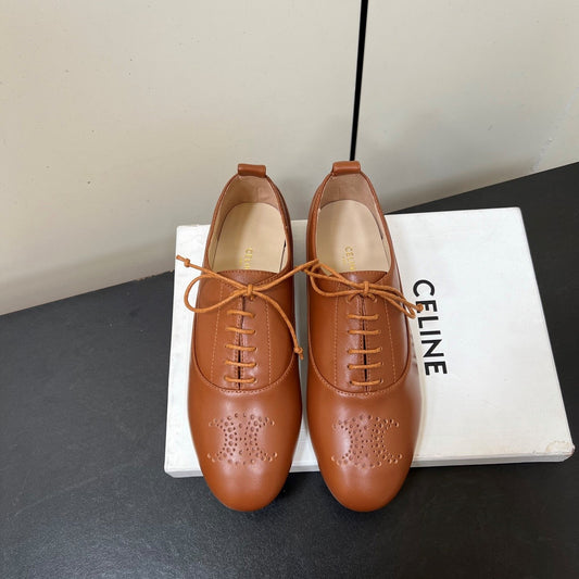 Celine 25 Lise Perforated Triomphe Richelieu Shoe Brown Lambskin 619646