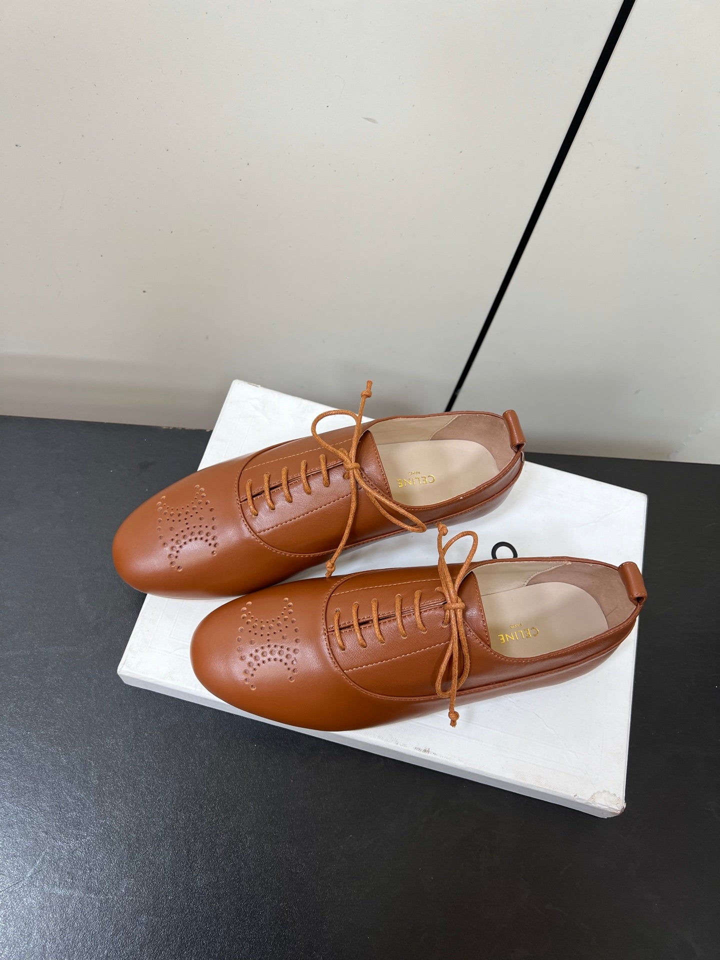 Celine 25 Lise Perforated Triomphe Richelieu Shoe Brown Lambskin 619646
