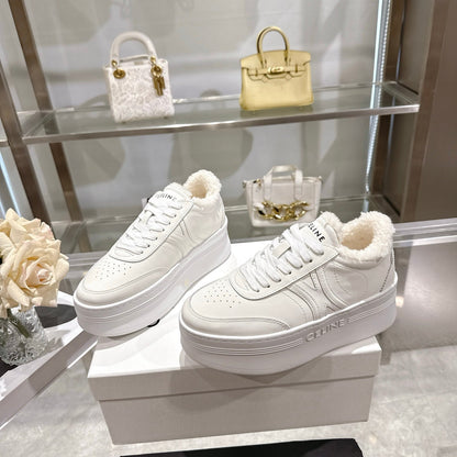 Celine Block Triomphe Leather Wedge Sneakers 50mm White Calfskin Fur