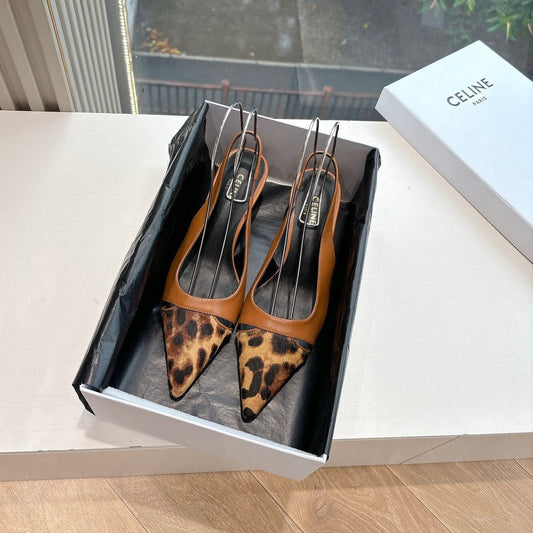 CELINE Slingback Leopard Brown Leather 285984