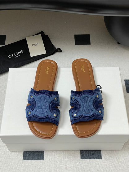 CL Marina Fringed Flat Mule In Blue Denim 319736