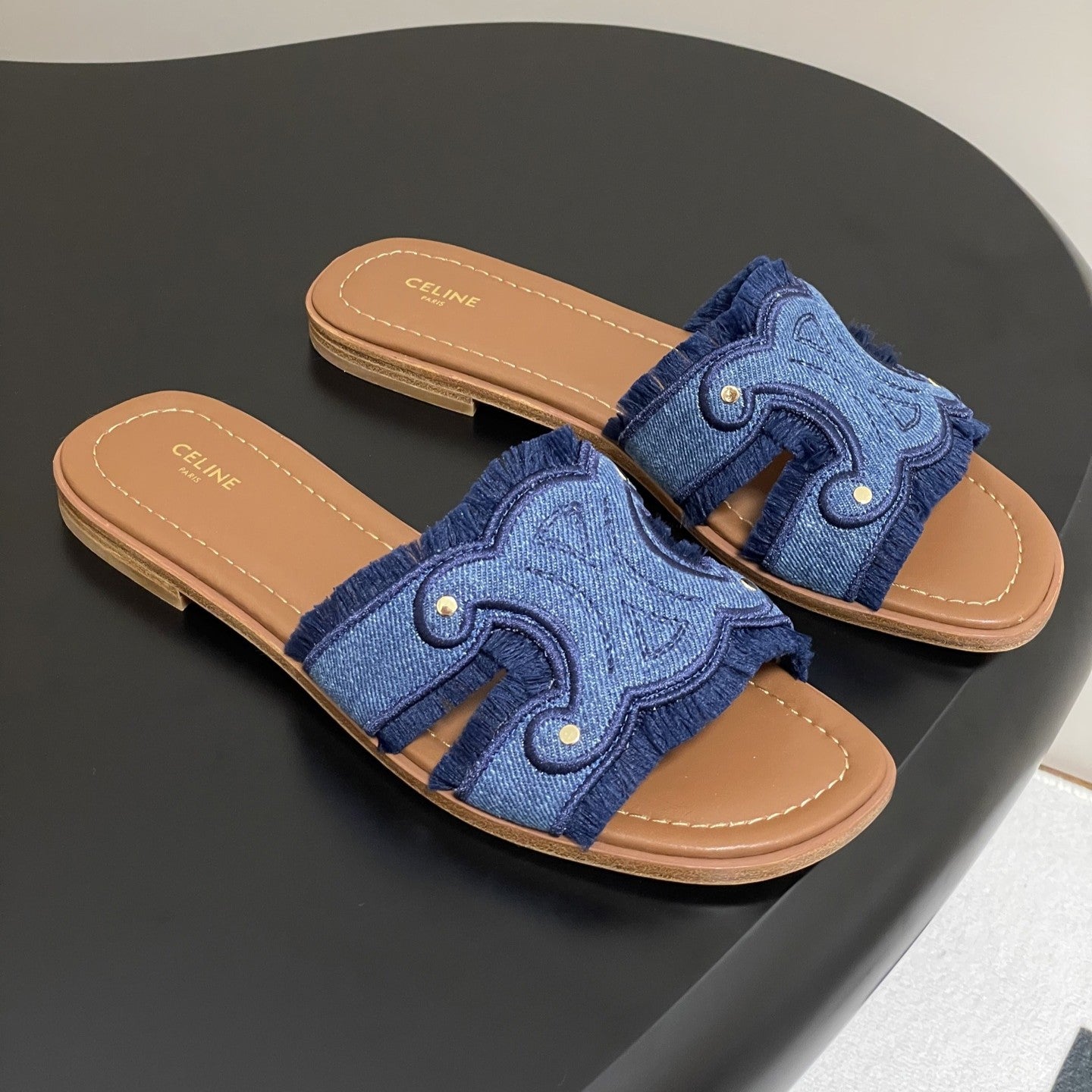CL Marina Fringed Flat Mule In Blue Denim 319736