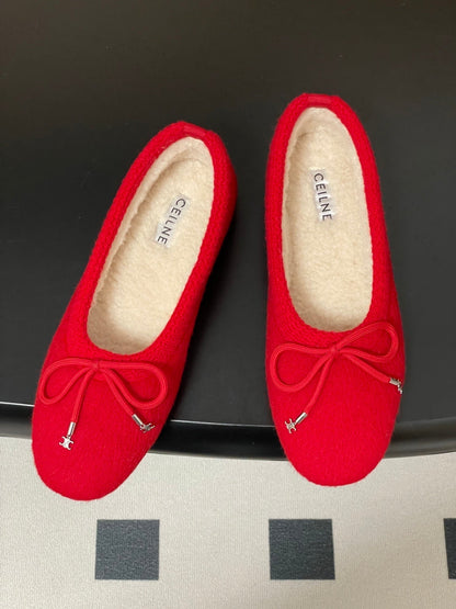 Celine 26s Ballet Flats In Red Wool With Bow Style 3