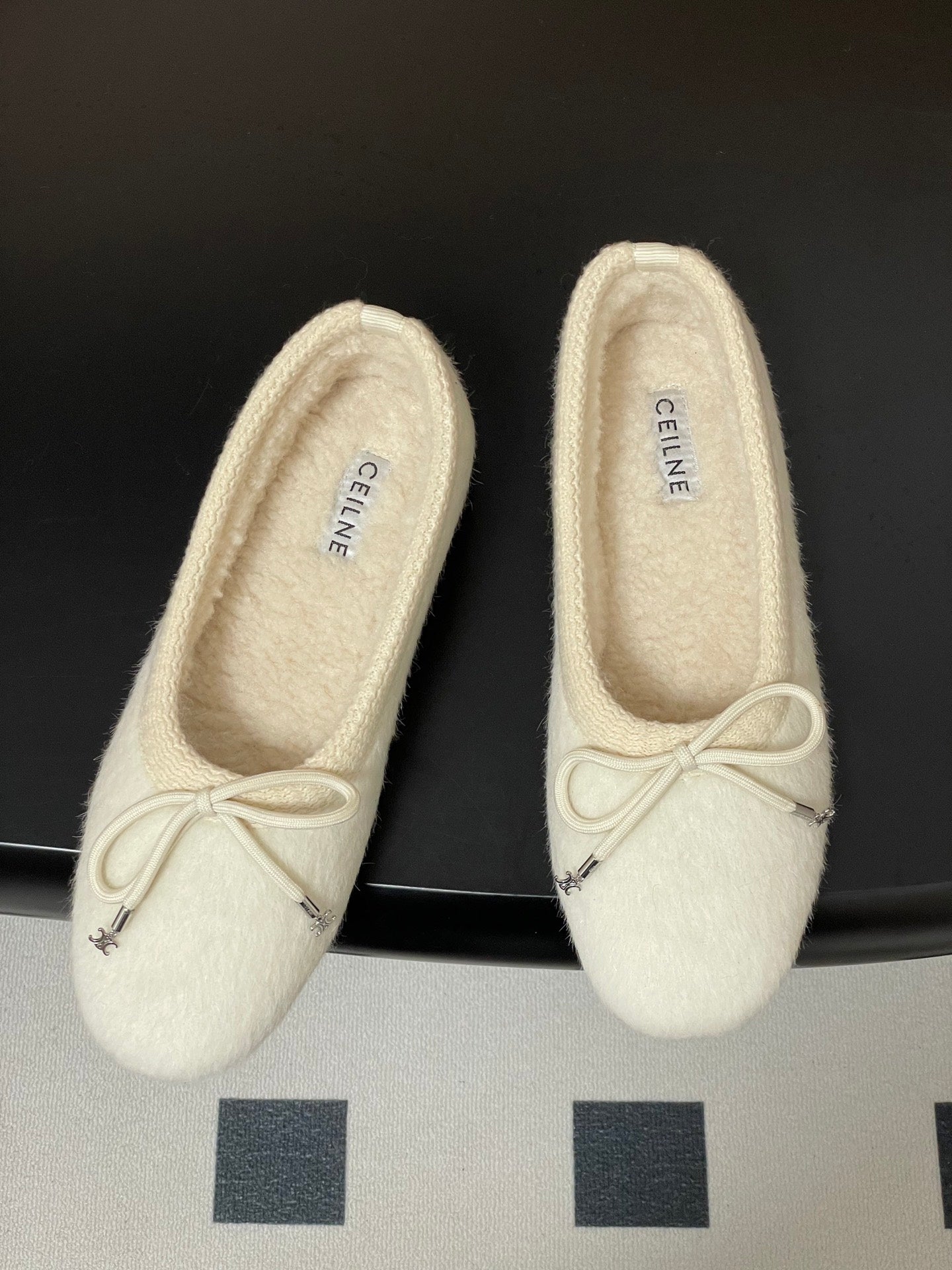 Celine 26s Ballet Flats In White Wool With Bow Style 2