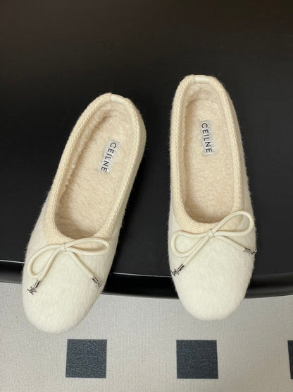 Celine 26s Ballet Flats In White Wool With Bow Style 2