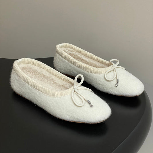 Celine 26s Ballet Flats In White Wool With Bow Style 2