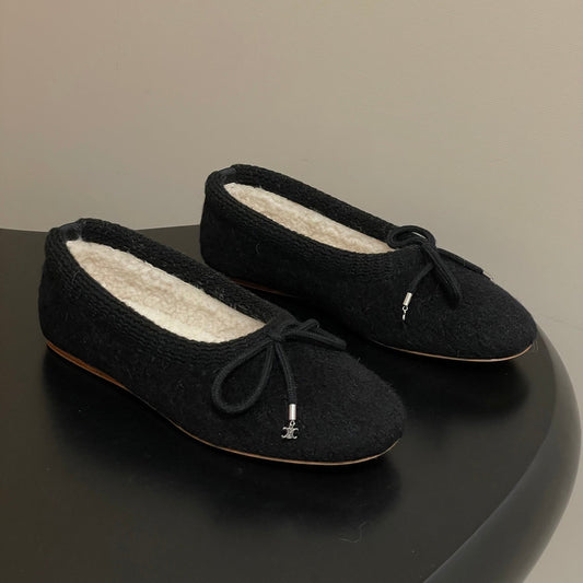 Celine 26s Ballet Flats In Black Wool With Bow Style 1