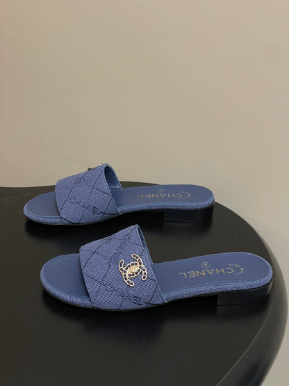 CC 26s Flat Sandals Dark Blue Canvas Sheepskin Double C 649505
