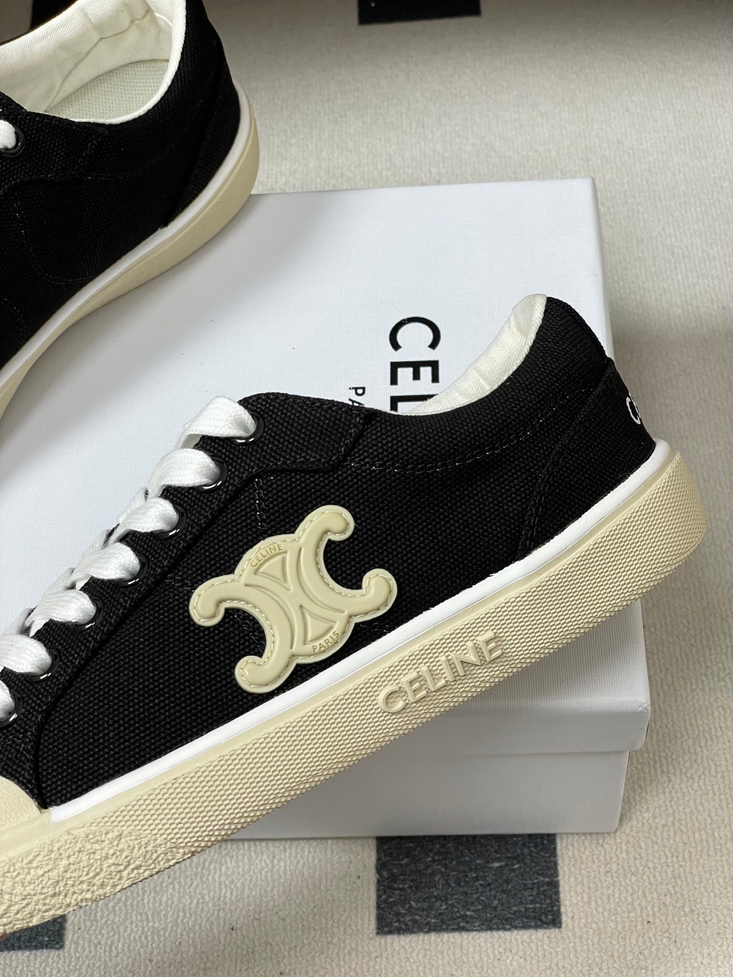Celine Alan Sneakers Black Ivory Canvas Rubber 701719