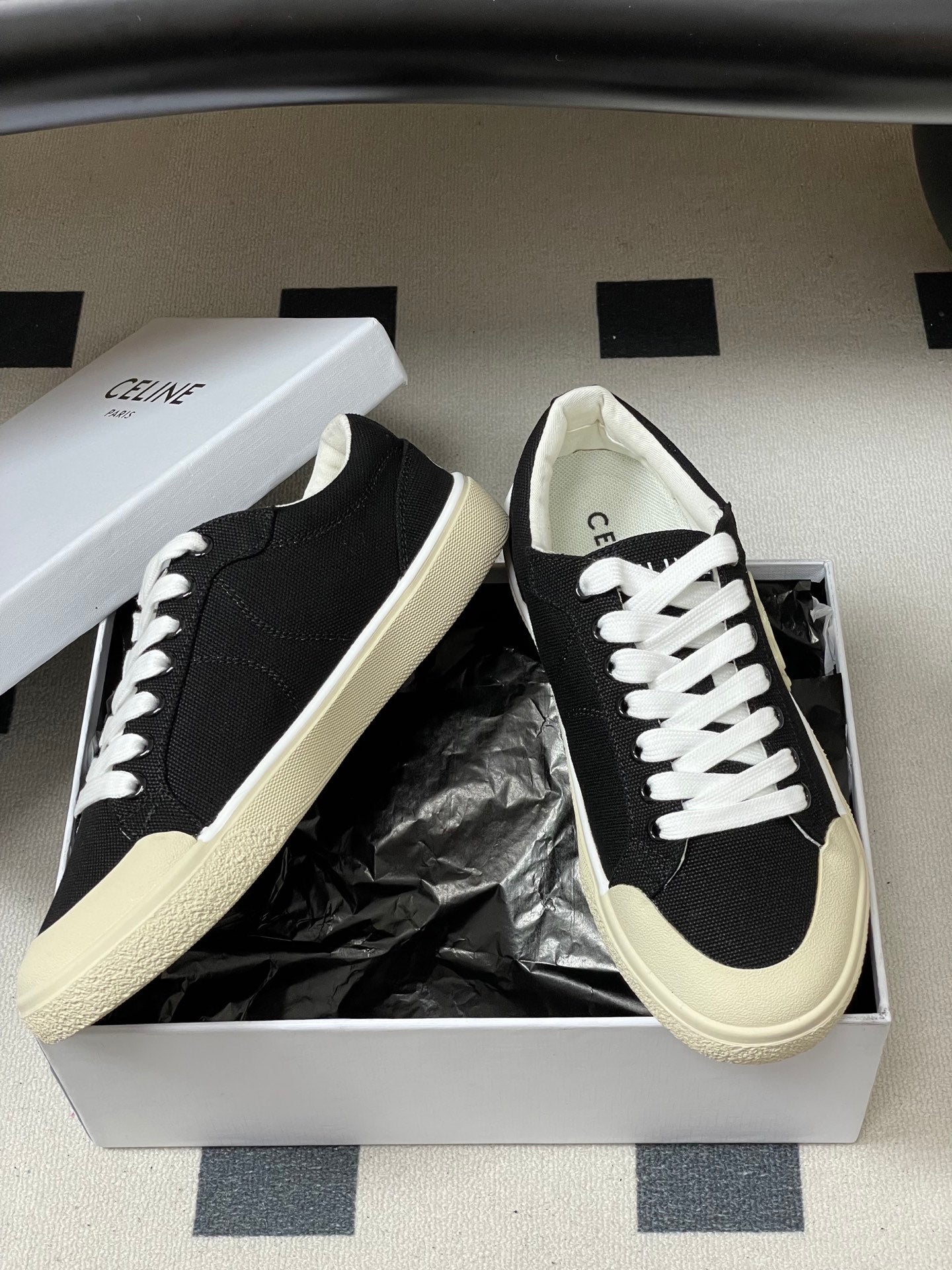Celine Alan Sneakers Black Ivory Canvas Rubber 701719