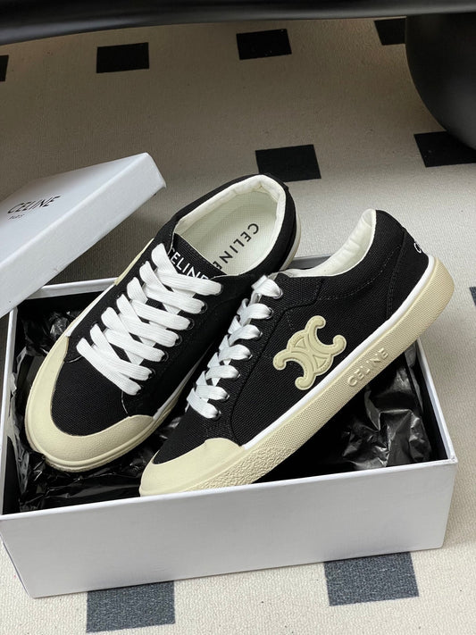 Celine Alan Sneakers Black Ivory Canvas Rubber 701719