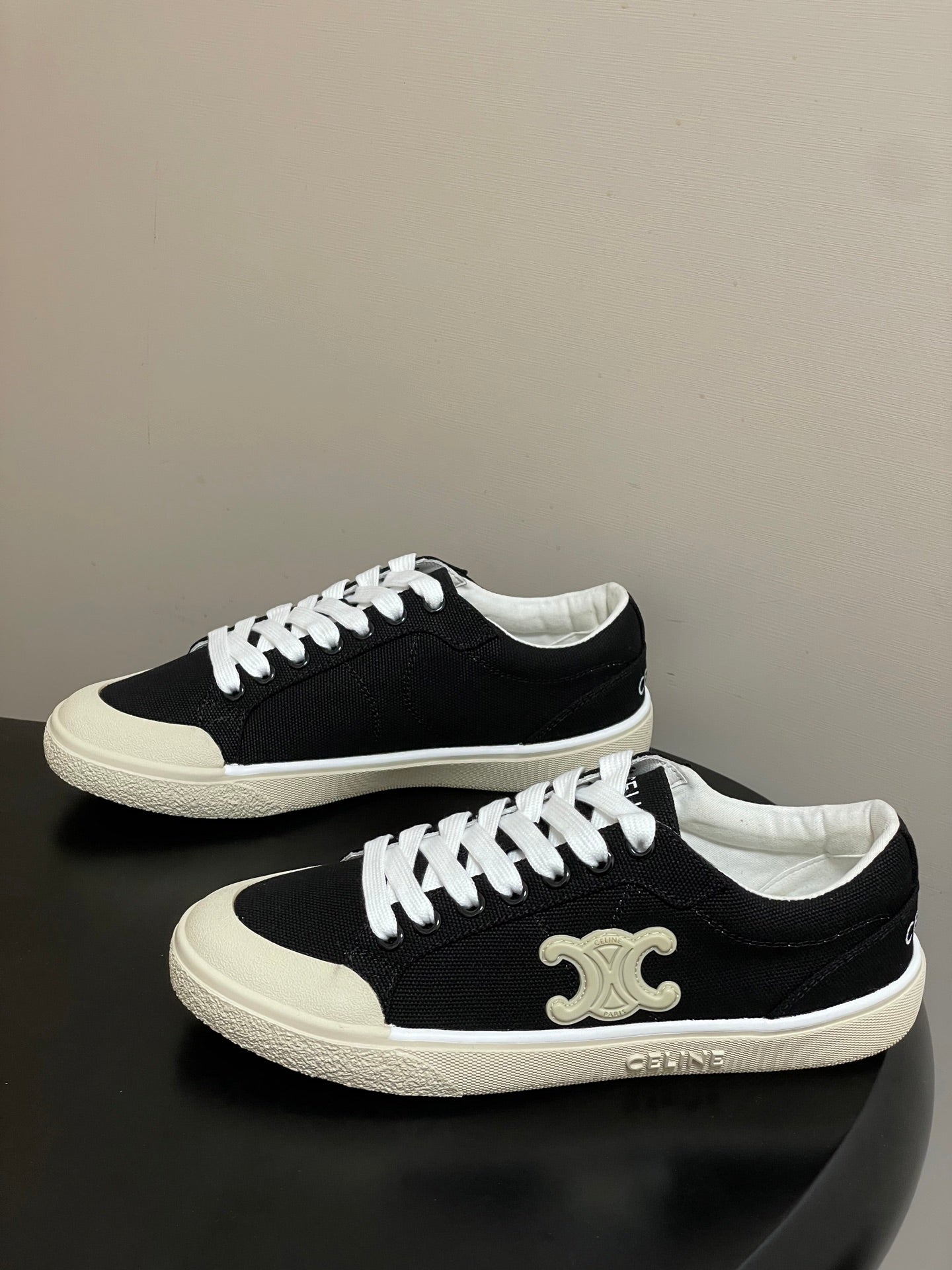 Celine Alan Sneakers Black Ivory Canvas Rubber 701719