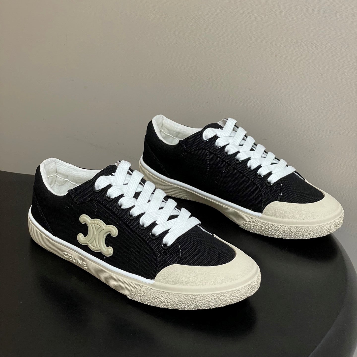 Celine Alan Sneakers Black Ivory Canvas Rubber 701719