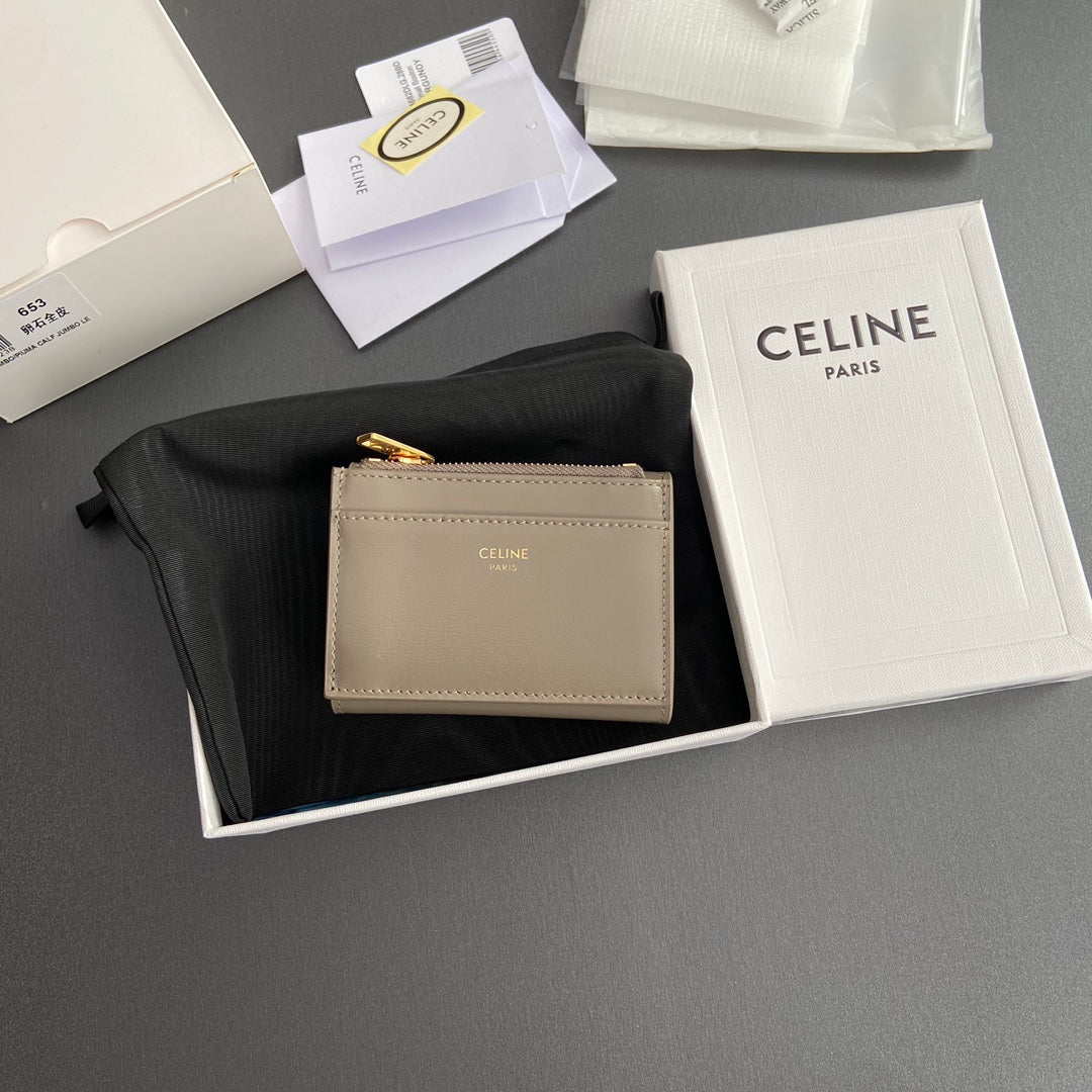 TRIOMPHE Compact Wallet With Coin Purse Modern Taupe Leather