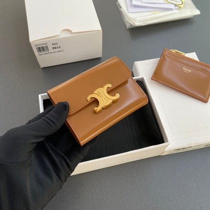 TRIOMPHE Compact Wallet With Coin Purse Tan Leather