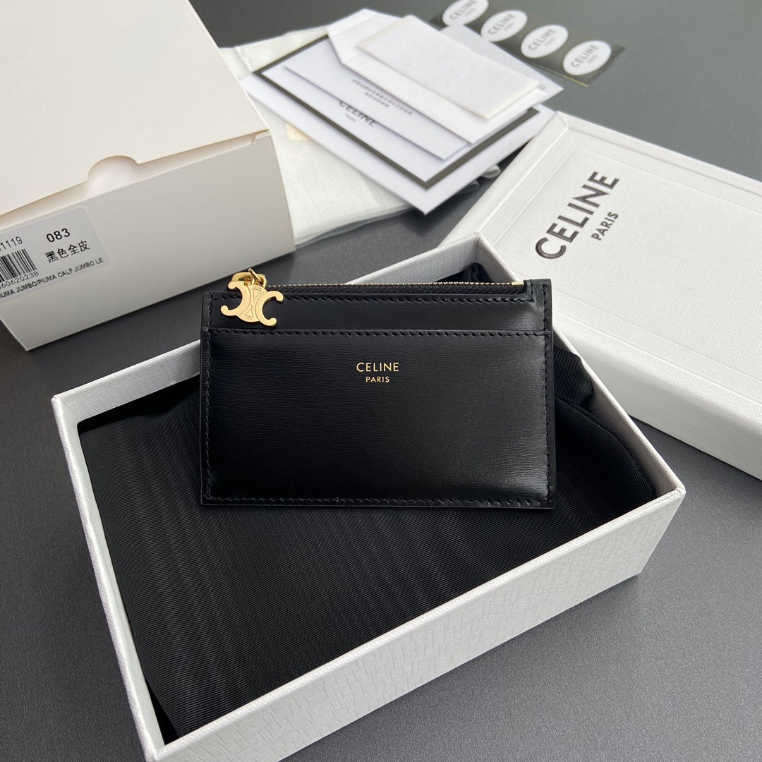 TRIOMPHE Zipped Card Holder Charms Black Leather