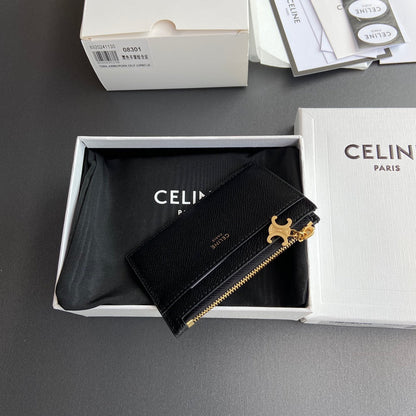 TRIOMPHE Zipped Card Holder Charms Black Grained Cowhide