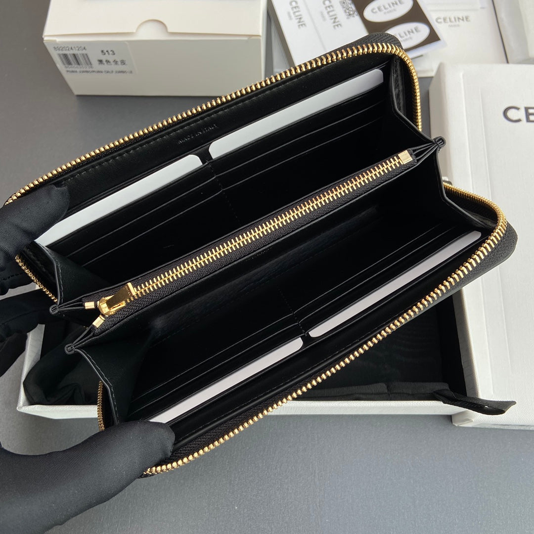 TRIOMPHE Long Zipper Closure Bag Black Shiny Cowhide