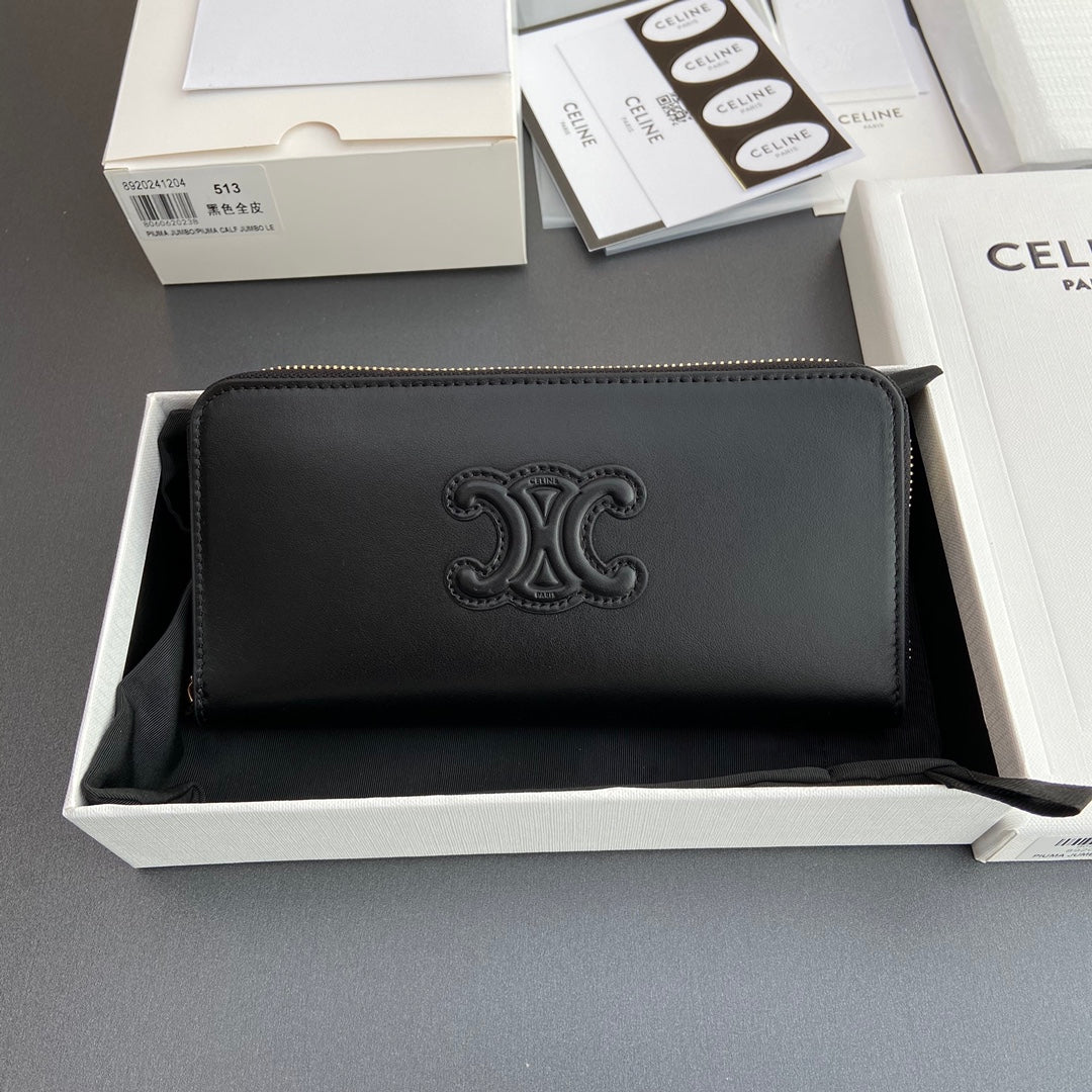 TRIOMPHE Long Zipper Closure Bag Black Shiny Cowhide