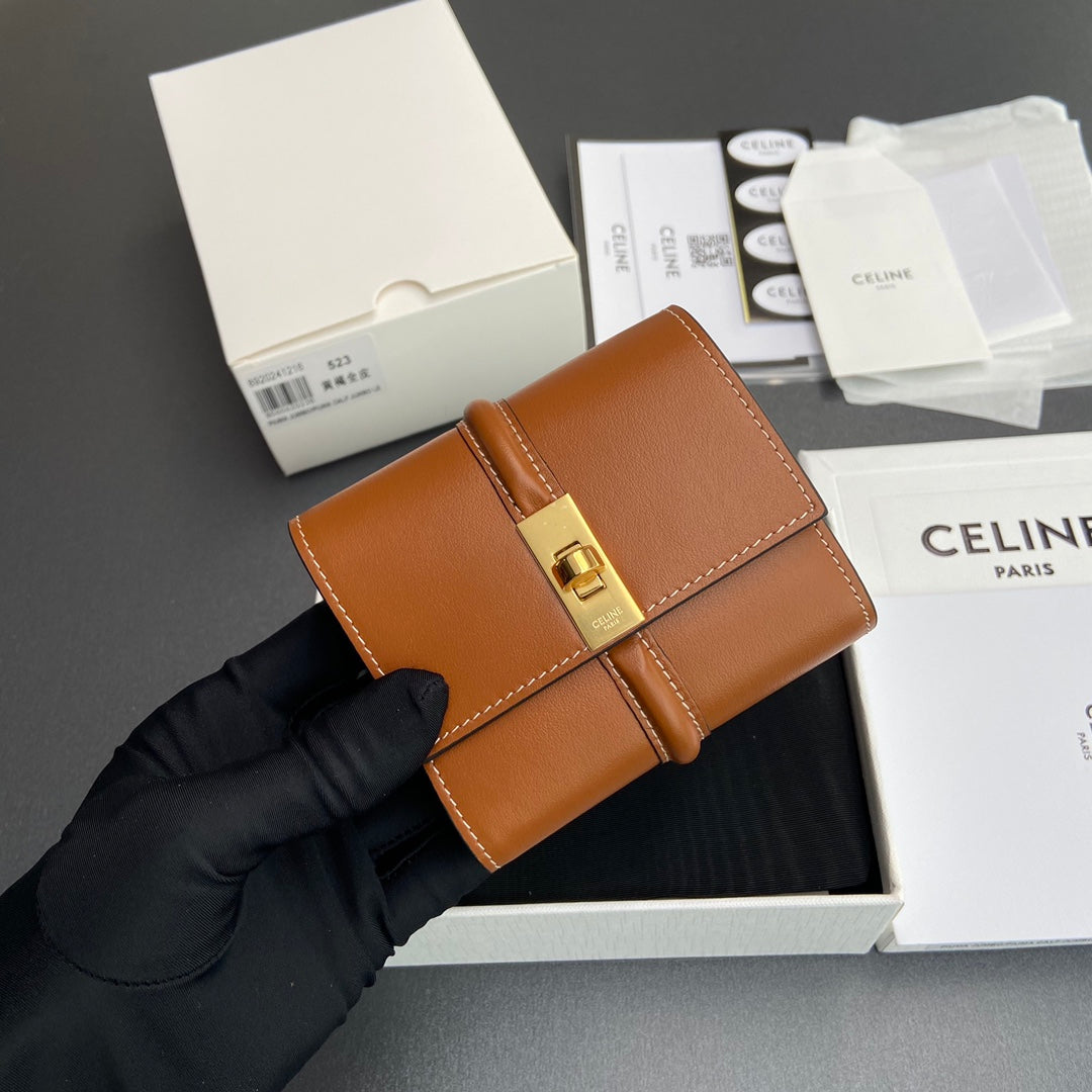 TRIOMPHE 16 Small Trifold Wallet Tan Cowhide Leather