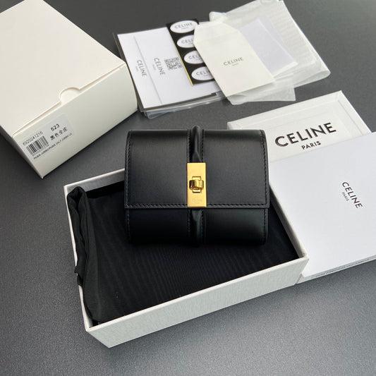 TRIOMPHE 16 Small Trifold Wallet Black Cowhide Leather
